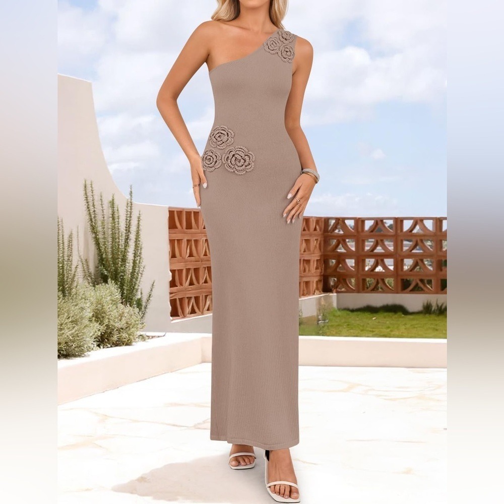 ZESICA One Shoulder Maxi Dress Large Tan Floral Ribbed Knit Bodycon NWT
